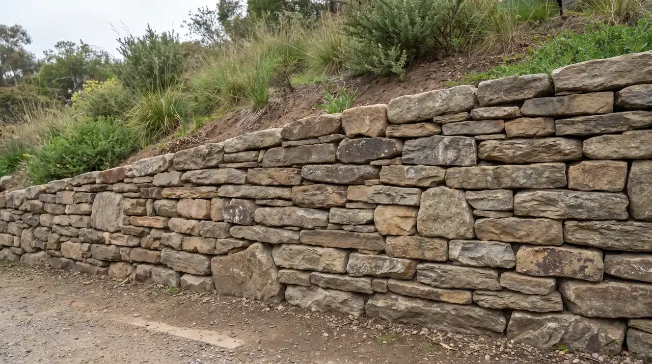 Natural stone retaining wall built from irregular fieldstone and ledgestone