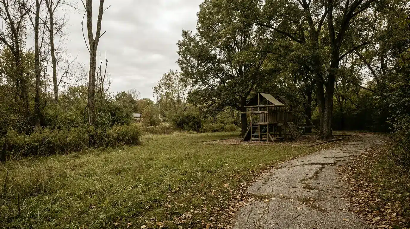 Wooden playground structure in a wooded area surrounded by trees and overcast sky