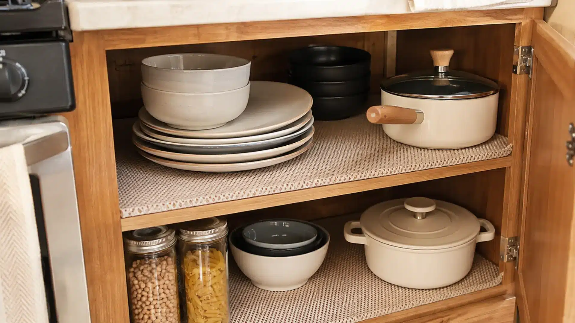 Non-slip shelf liner keeps dishes, bowls, and cookware secure inside an RV cabinet