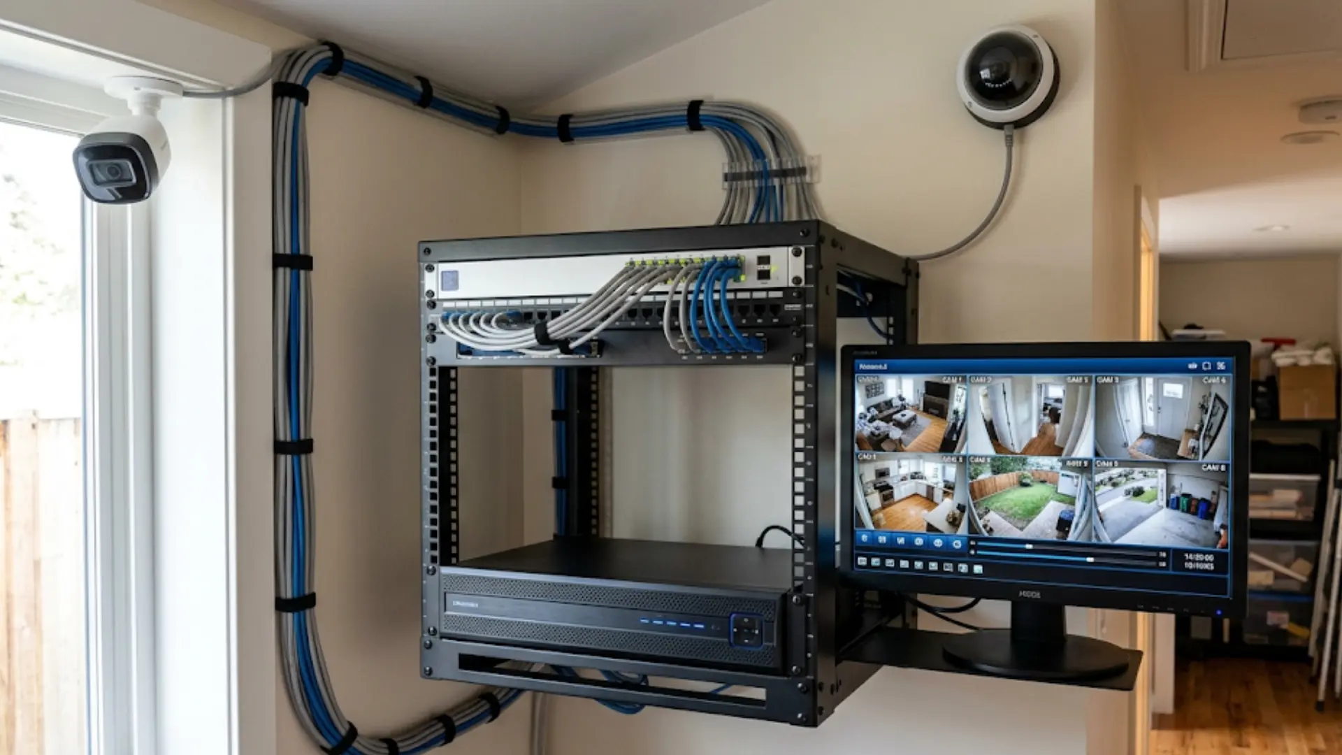Ethernet cables connect PoE cameras to an NVR, carrying power and video through one organized wired network connection