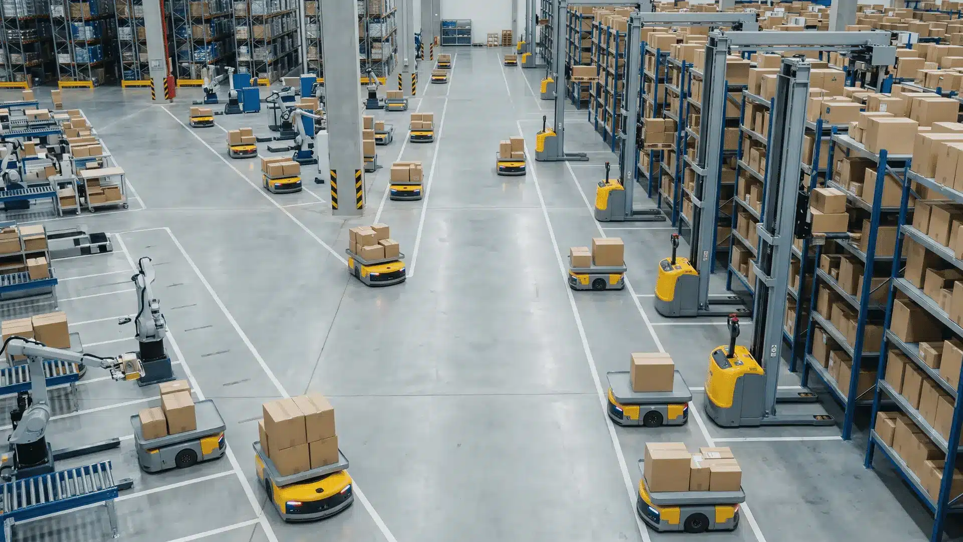 obots and AGVs picking items and moving boxes in a spacious, organized warehouse.