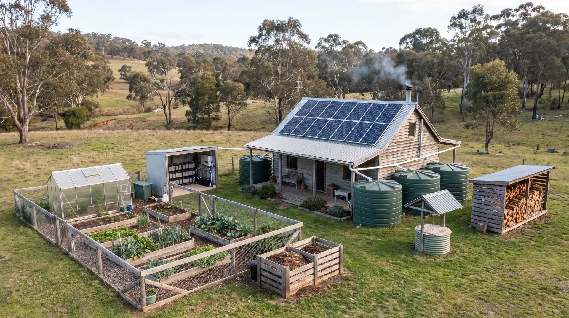 Off-grid home with solar panels, water systems, garden, and independent utilities
