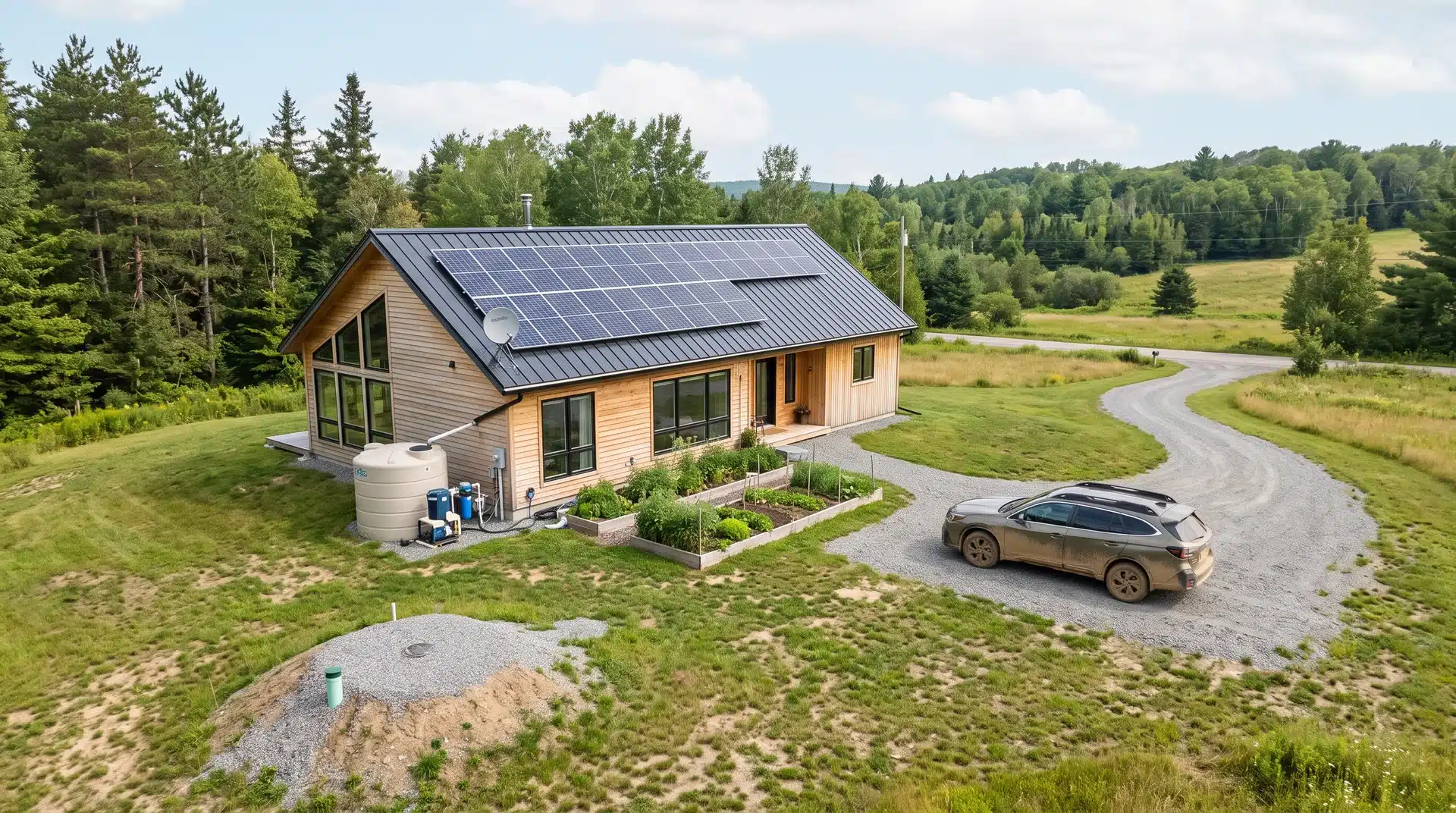 Off-grid home with solar panels, private utilities, and modern features