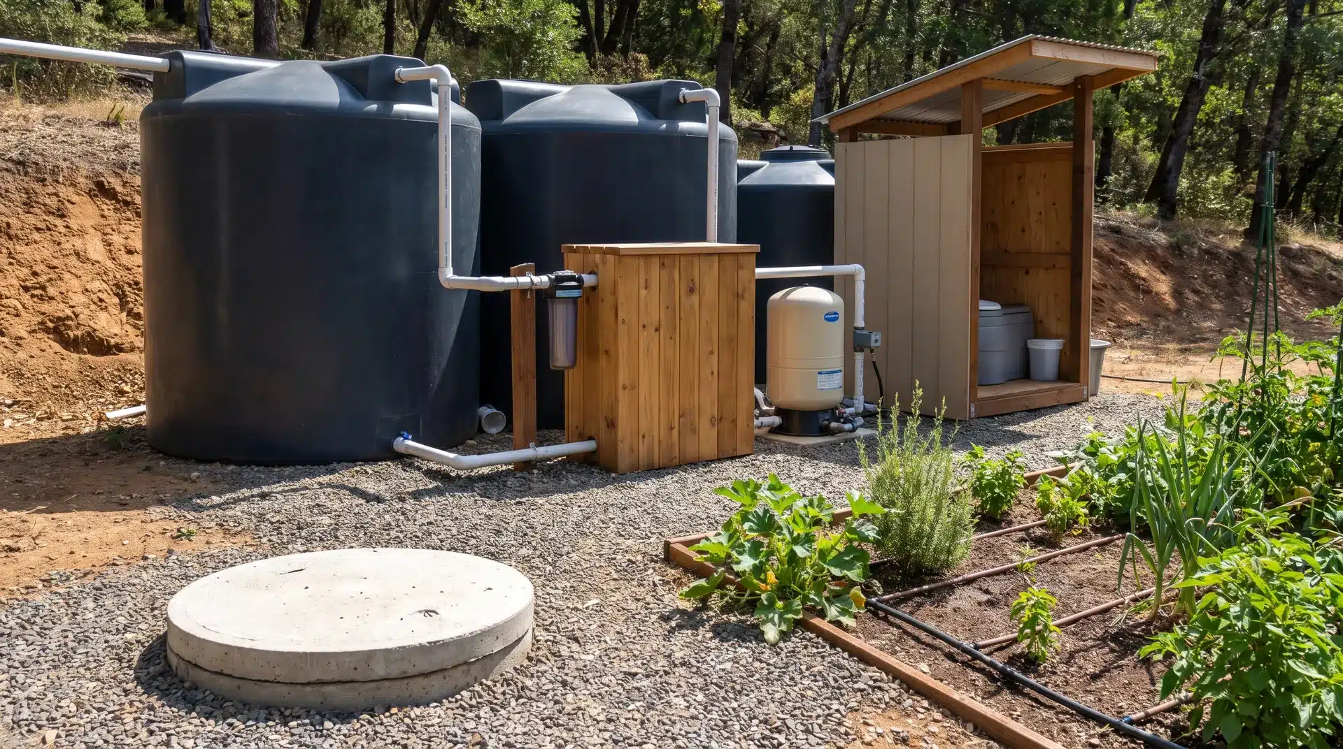 Off-grid water collection, filtration, and waste systems in a utility area
