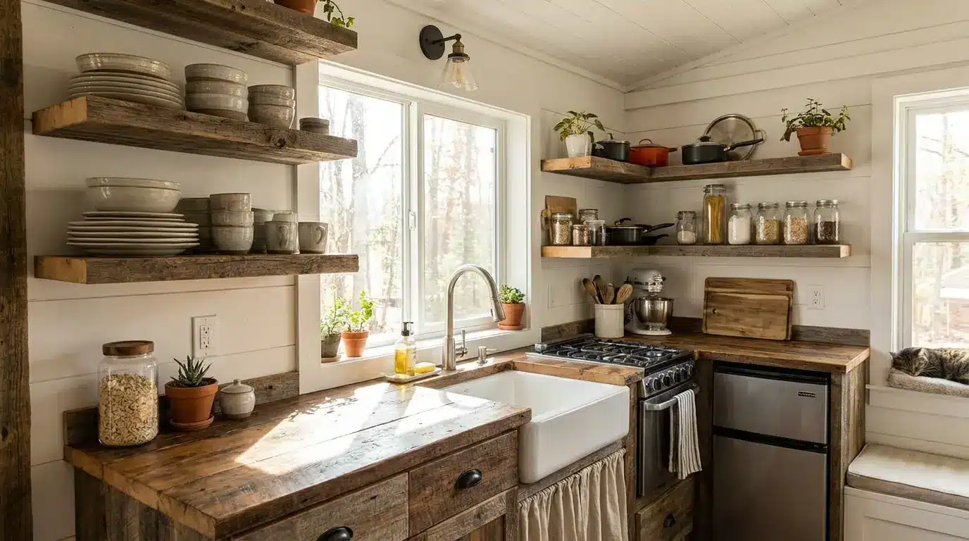 Open floating shelves instead of upper kitchen cabinets