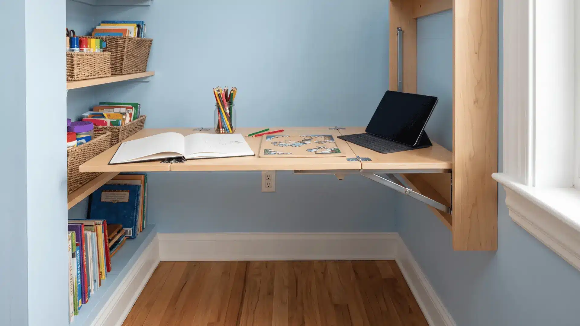 Open fold-down wall desk with nearby supply storage in a compact playroom