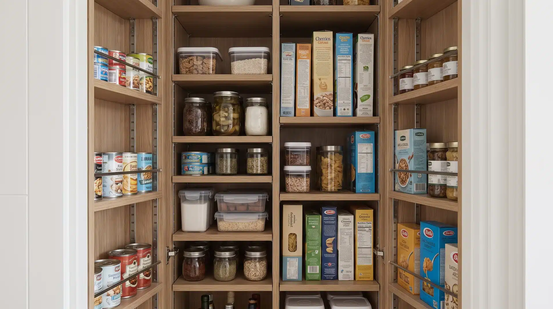 Open pantry cabinet with shelves storing canned foods, jars, cereal boxes, pasta, and clear storage containers