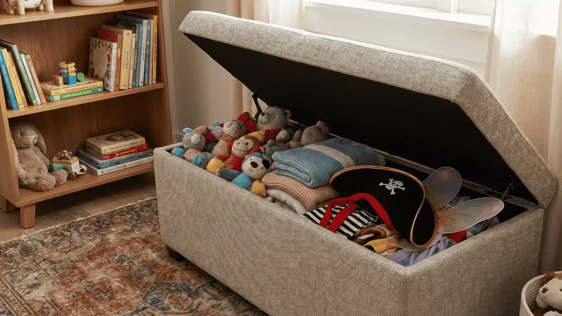 Open playroom storage ottoman holding stuffed animals, blankets, and dress-up clothes