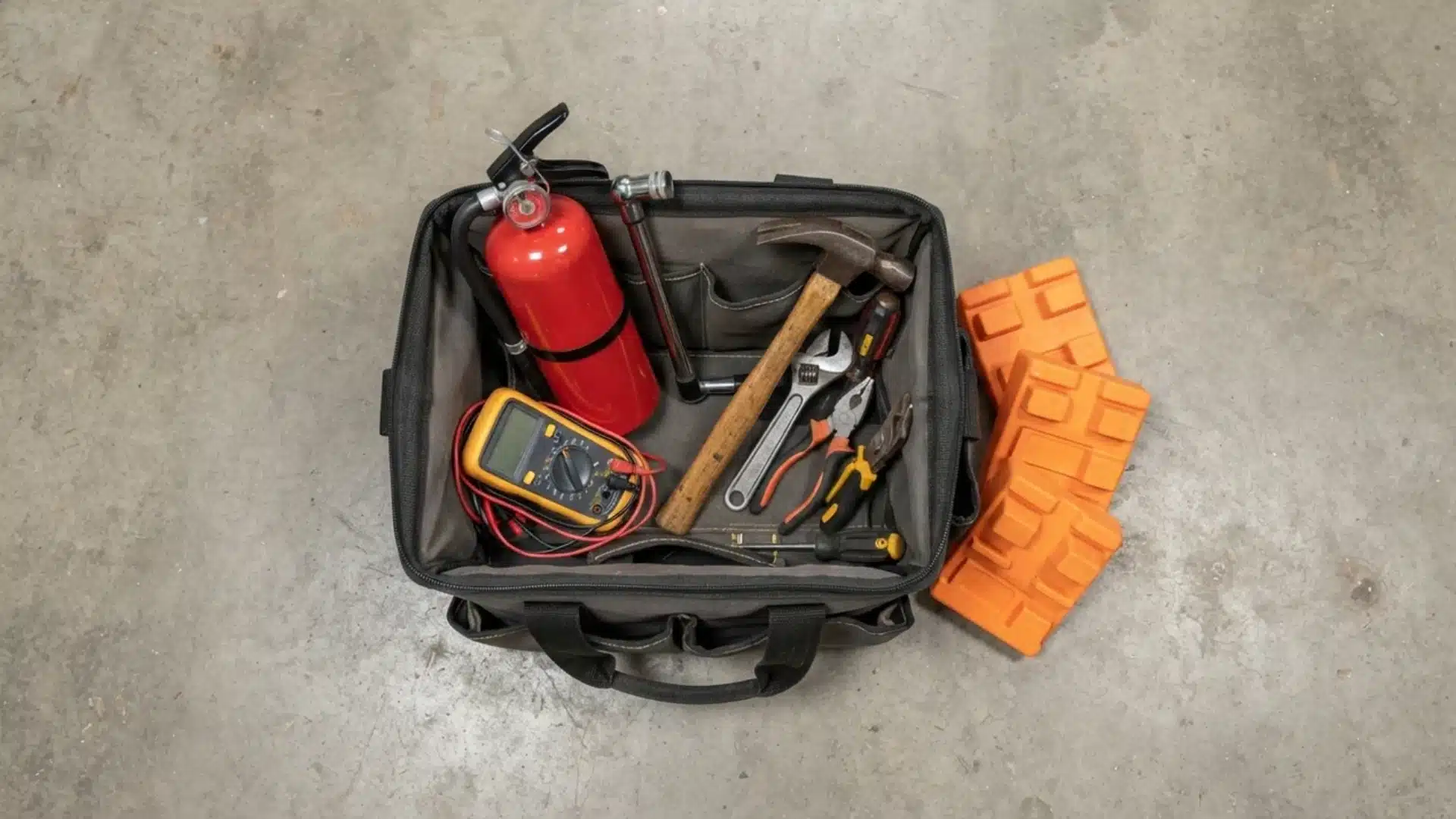 Open tool bag filled with fire extinguisher, multimeter, hammer, wrenches, and leveling pads.