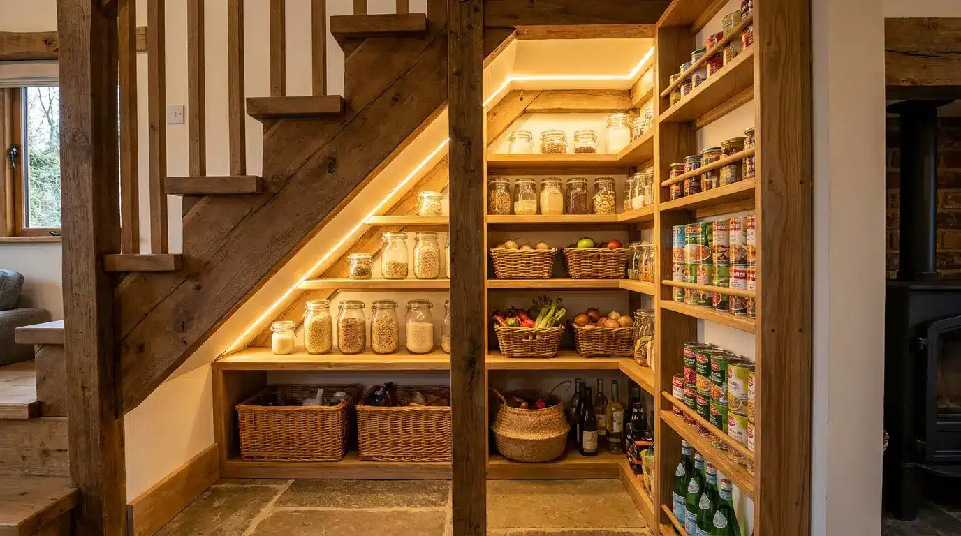 Open under-stair pantry stocked with dry goods and jars