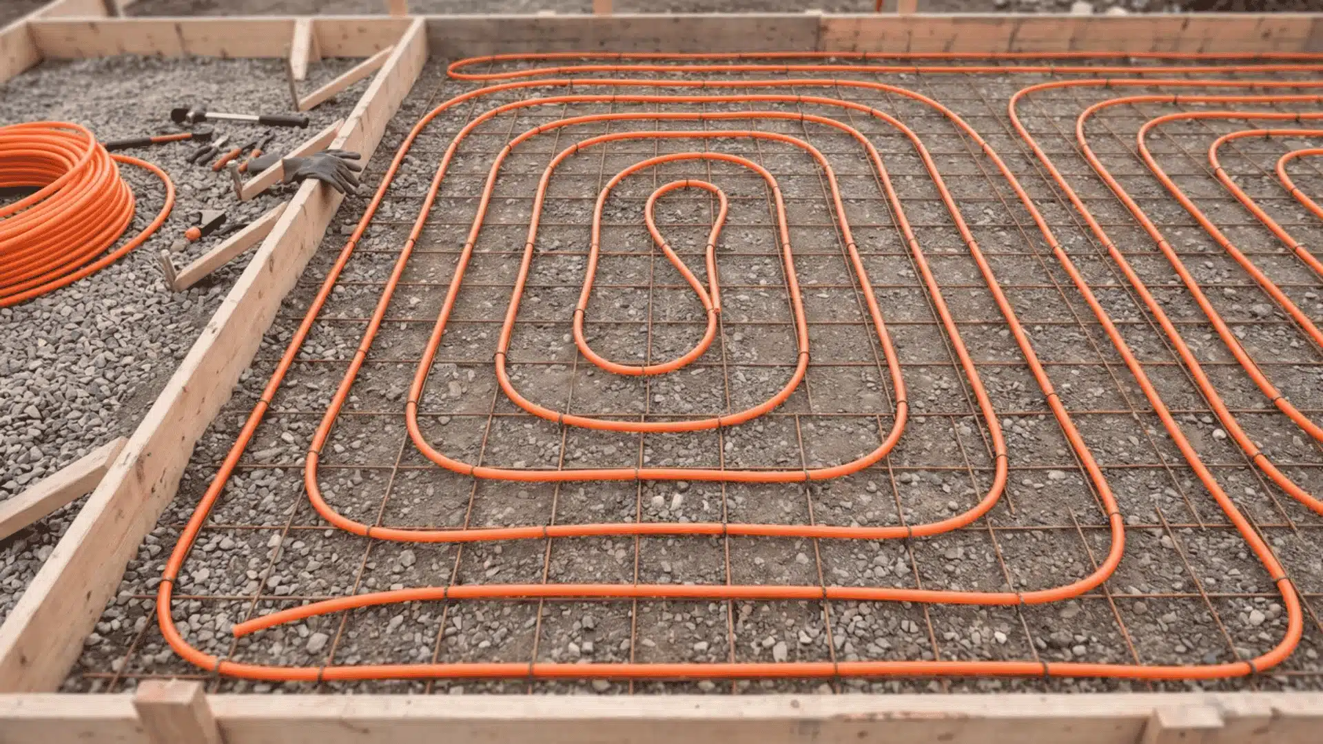 orange radiant heating tubing looped across a rebar grid before a slab pour