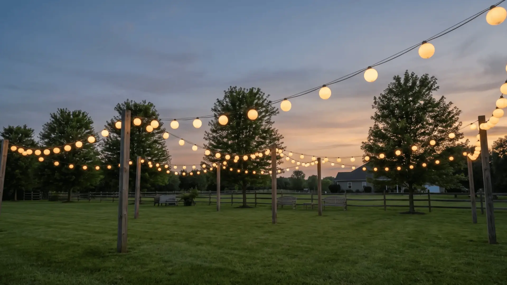 Outdoor globe string lights hanging across a grassy lawn at sunset.