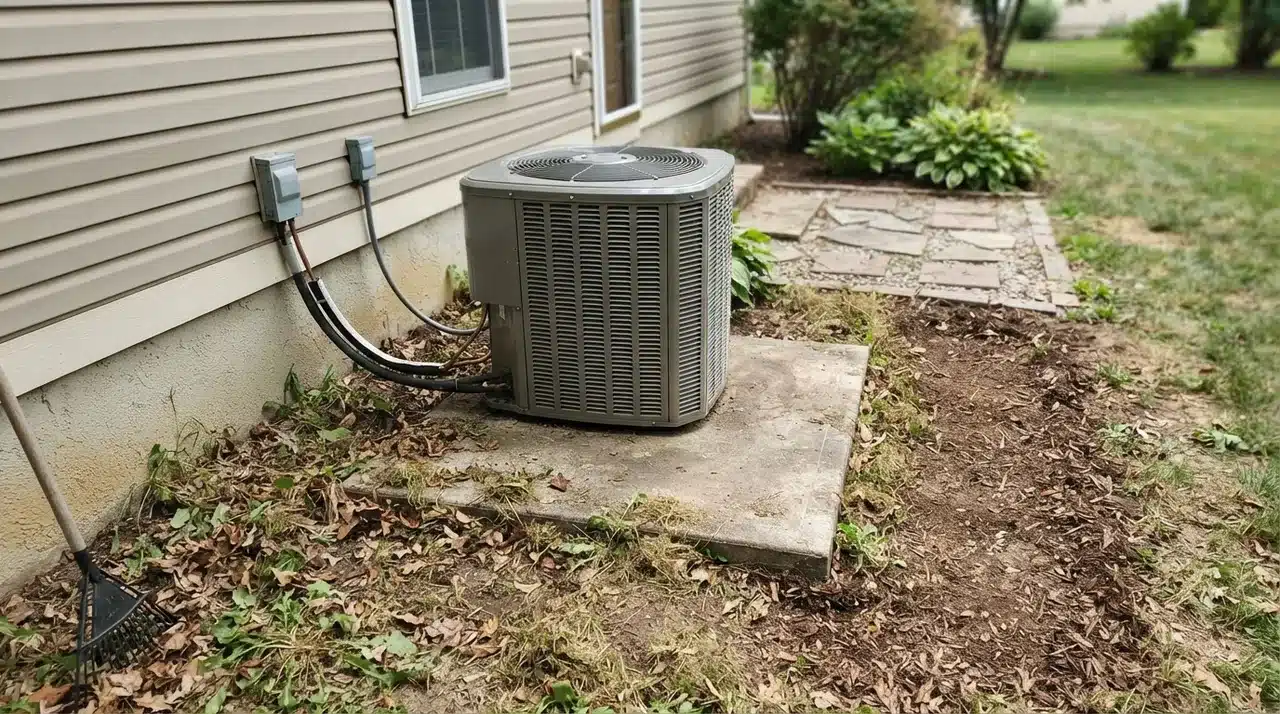 Outdoor HVAC condenser with leaves, weeds, and grass clippings around its base
