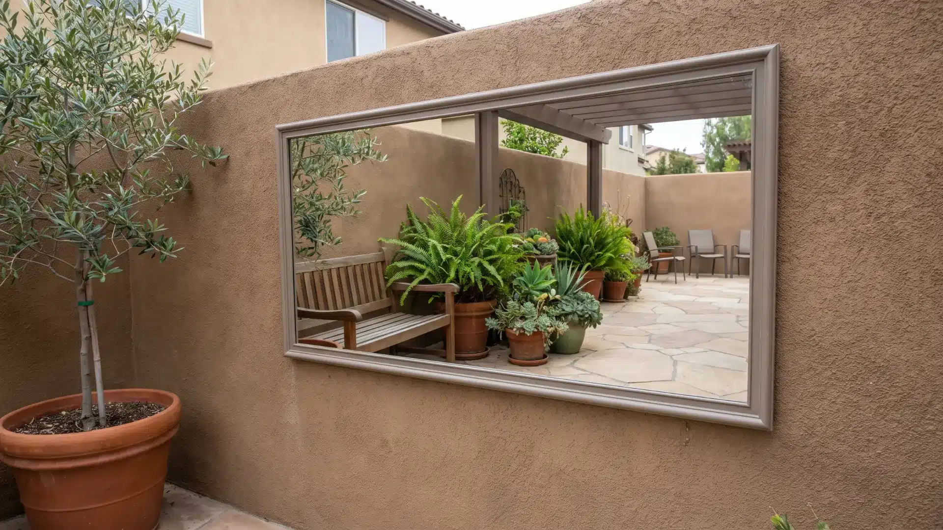 Outdoor mirror mounted on a patio wall reflecting nearby plants and an open section of a small backyard patio