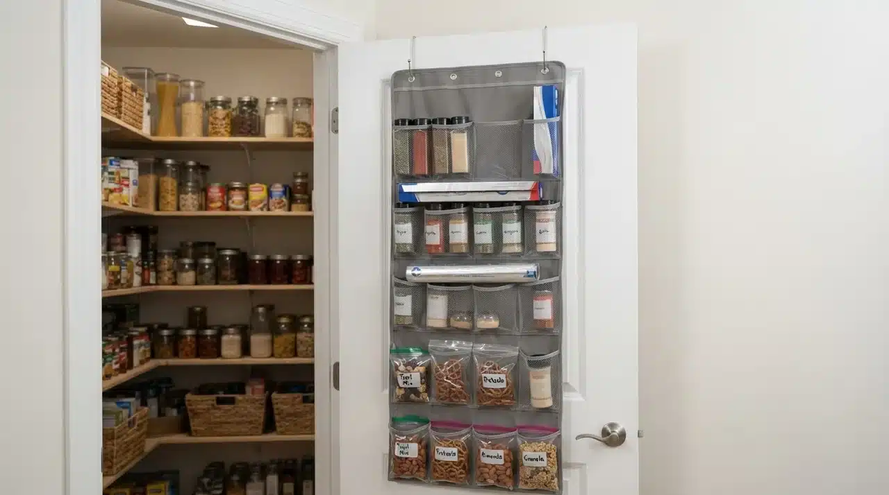 Over-door pantry organizer with pockets holding spice jars, foil box, cling wrap, and snack bags
