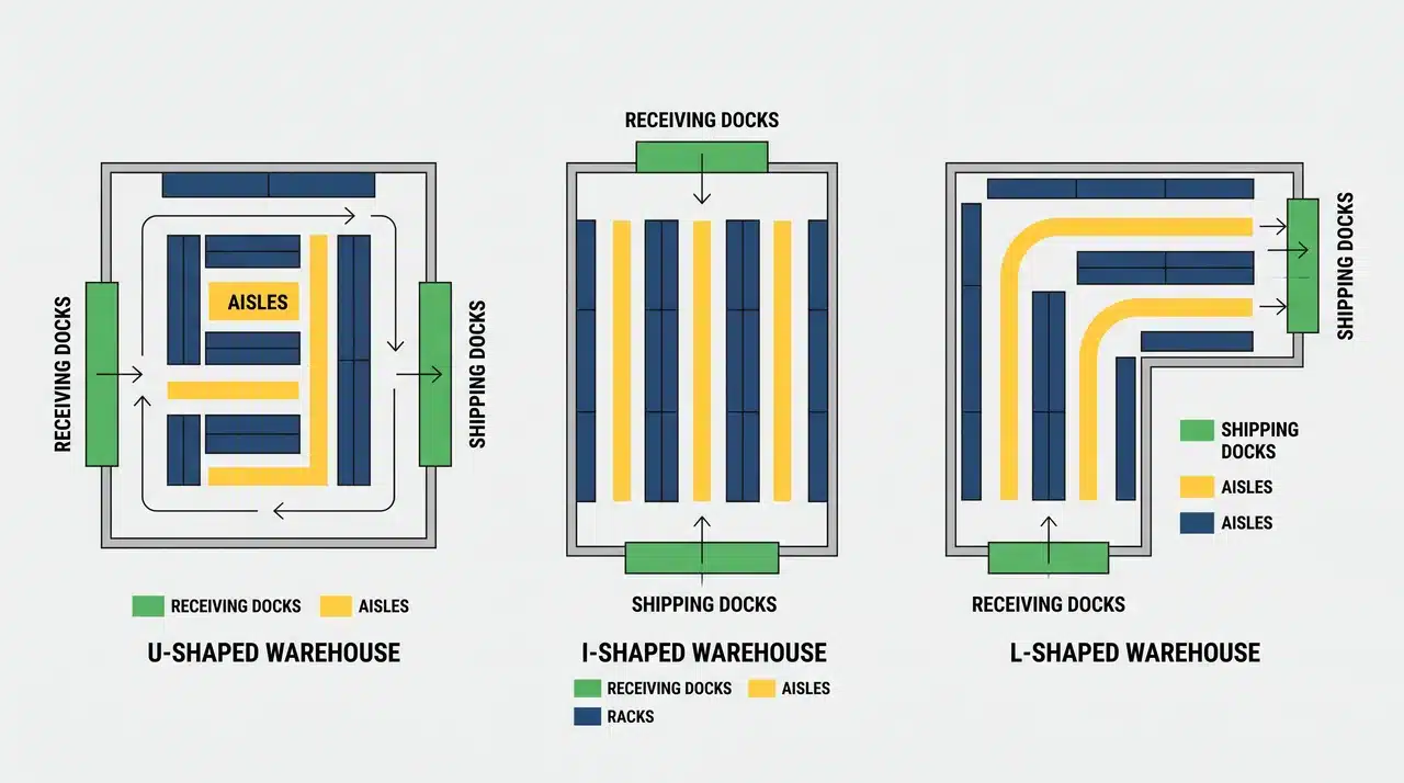 Overhead diagrams comparing U-shaped, I-shaped, and L-shaped warehouse layouts