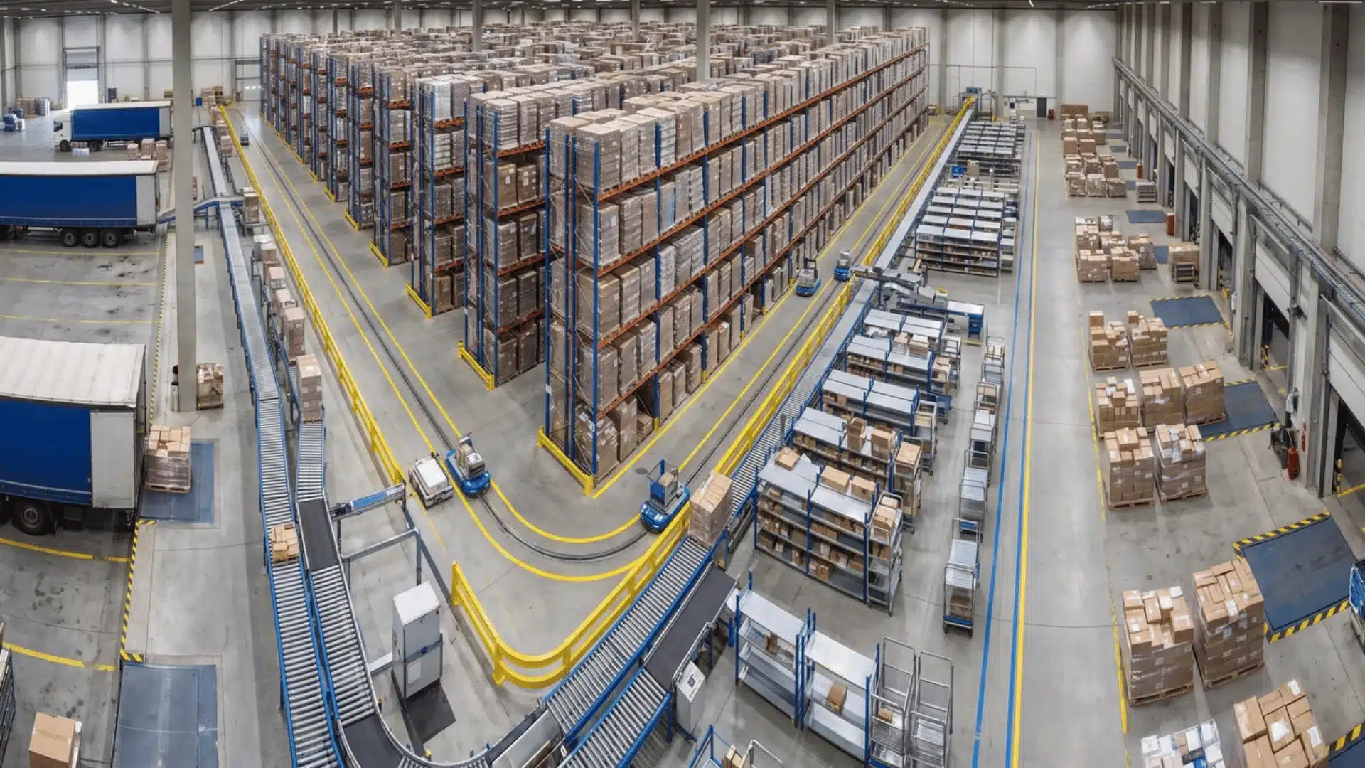 Overhead warehouse layout with receiving, storage, picking, and shipping areas