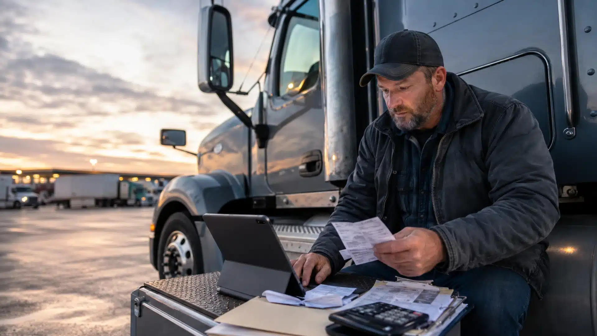 Owner-operator truck driver reviewing paperwork beside semi truck at freight yard