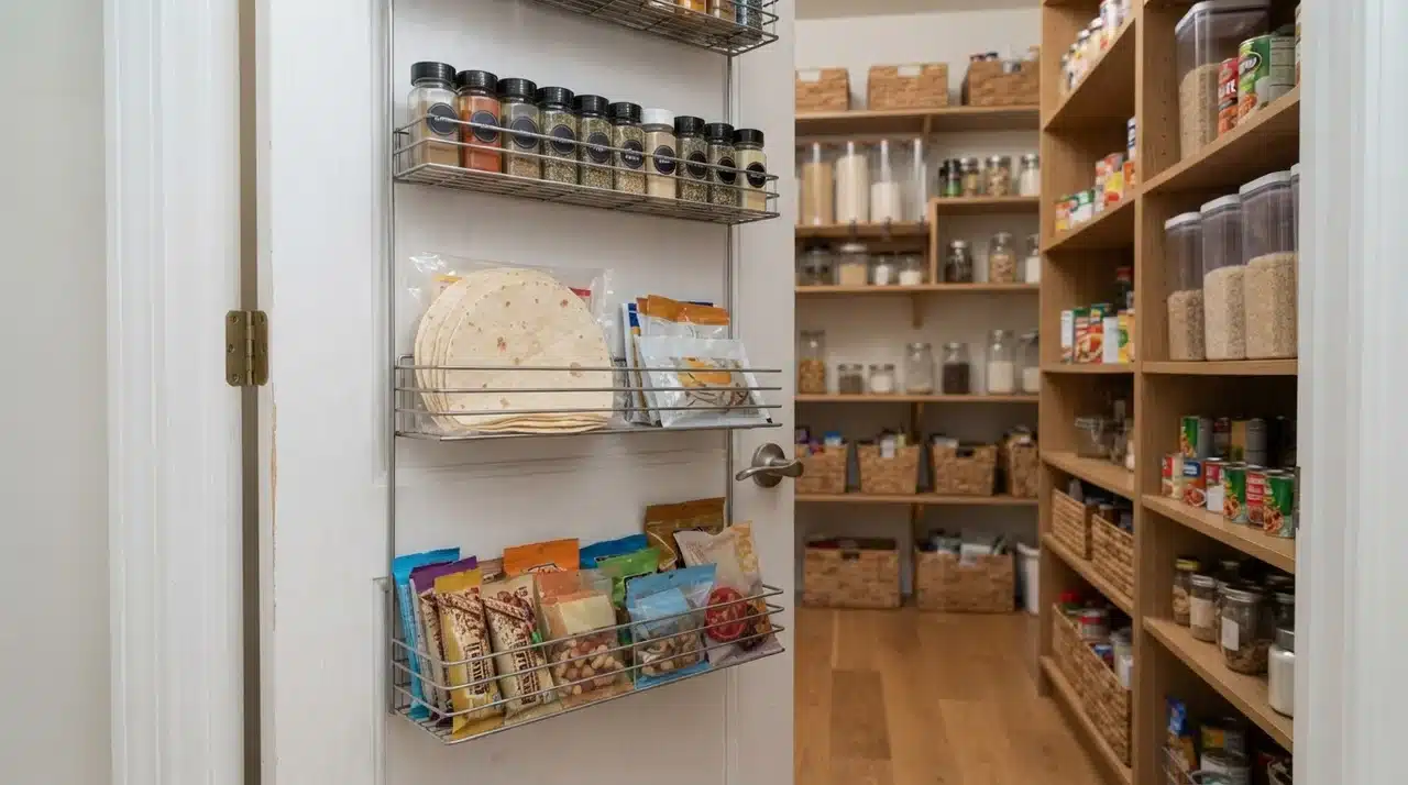 Pantry door with shallow wall-mounted racks holding spice jars, wraps, and snack packets beside a shelving unit