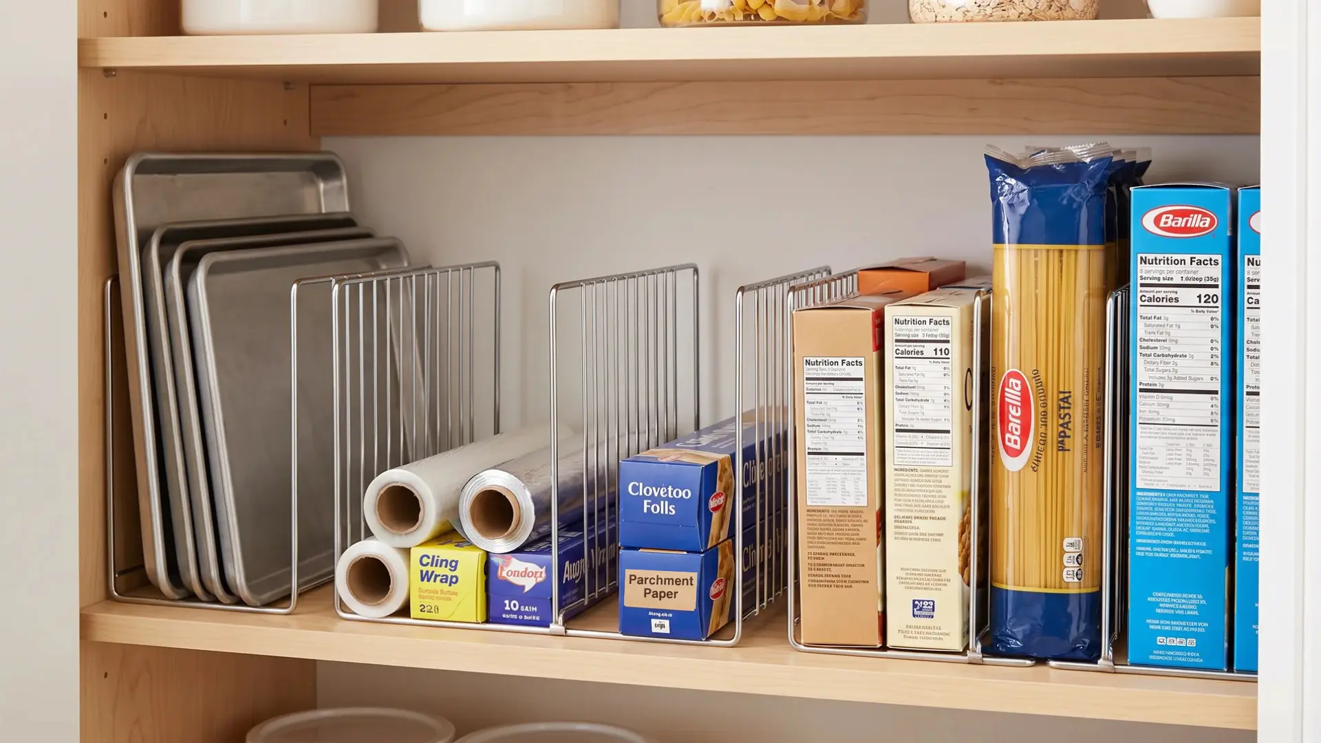 Pantry shelf dividers separating trays, wraps, boxes, and tall packages