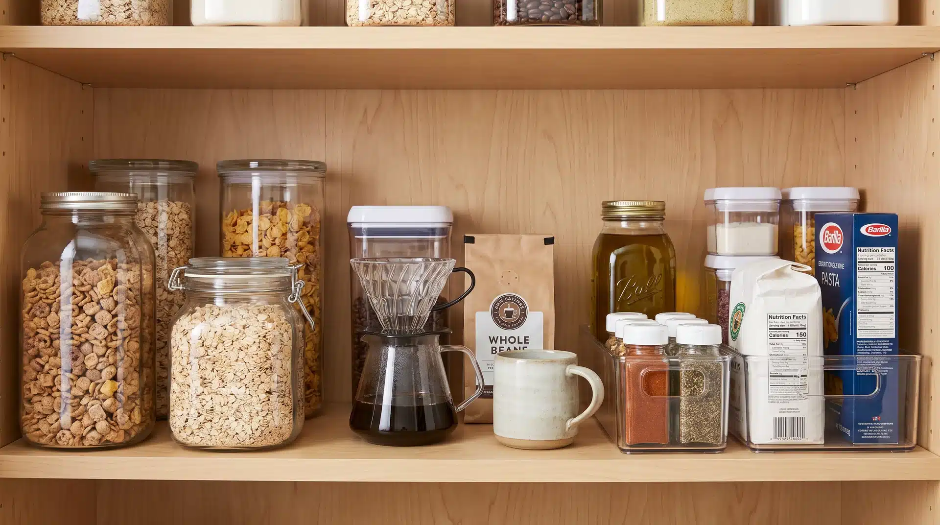 Pantry shelf with cereal, oats, coffee supplies, and cooking basics together