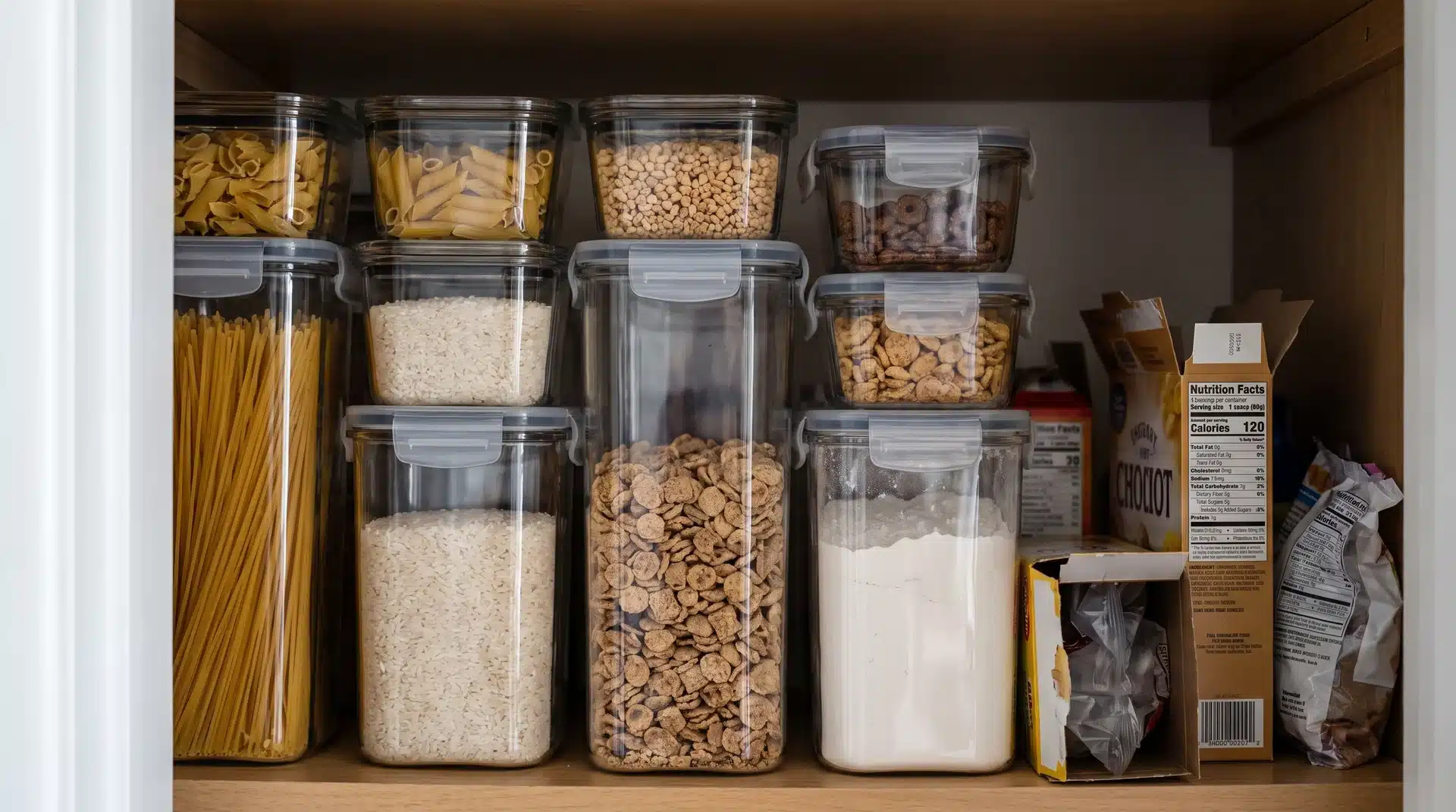 Pantry shelf with clear storage containers holding pasta, rice, cereal, and baking ingredients