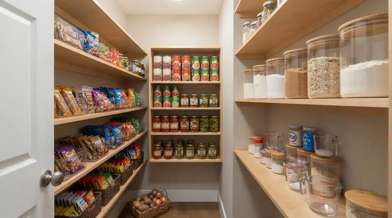 Pantry shelves divided into three sections with baking canisters, stacked tins, and snack items grouped separately
