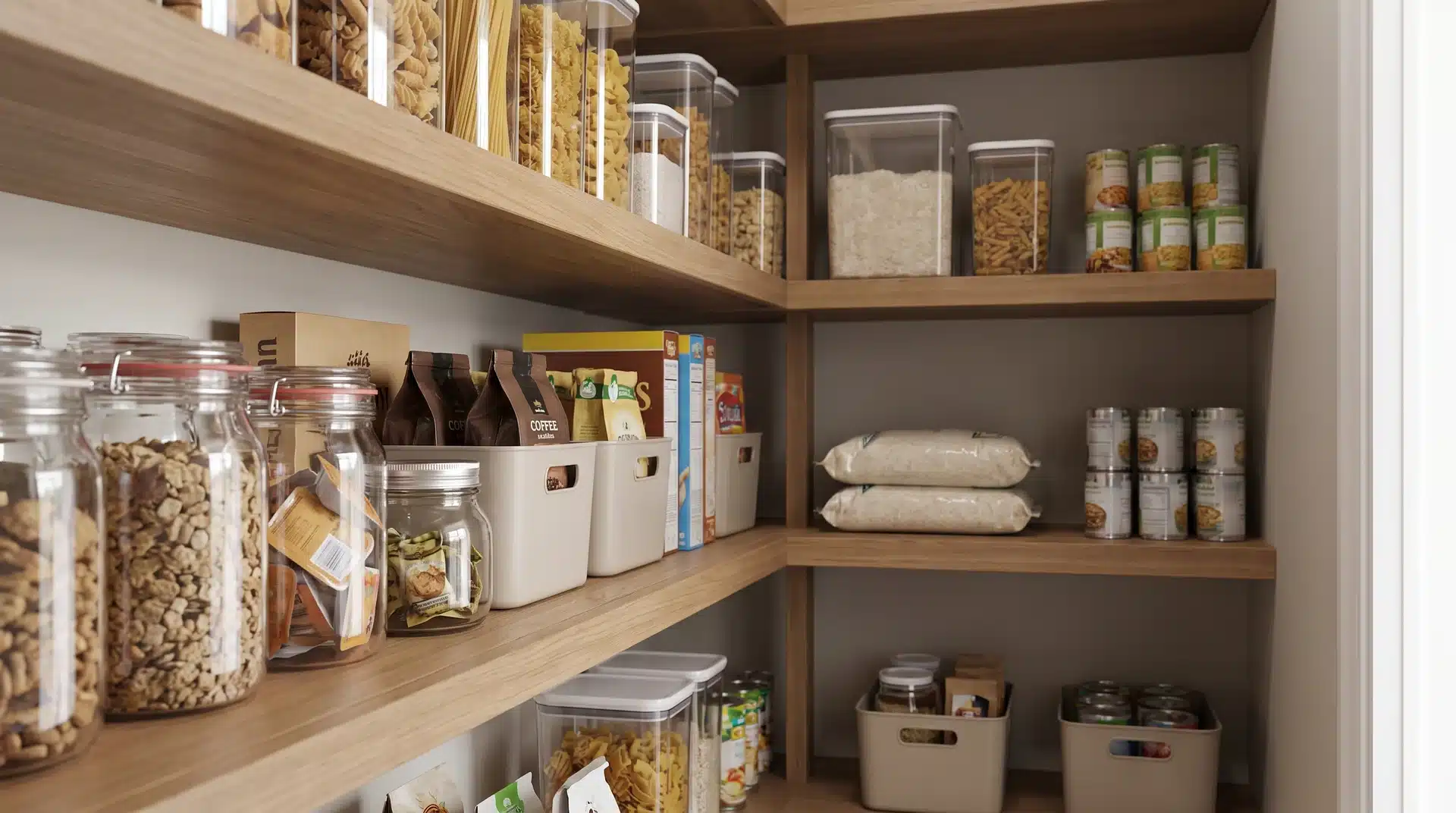 Pantry shelves with clear containers, jars, baskets, pasta, rice, cereal, and canned food storage