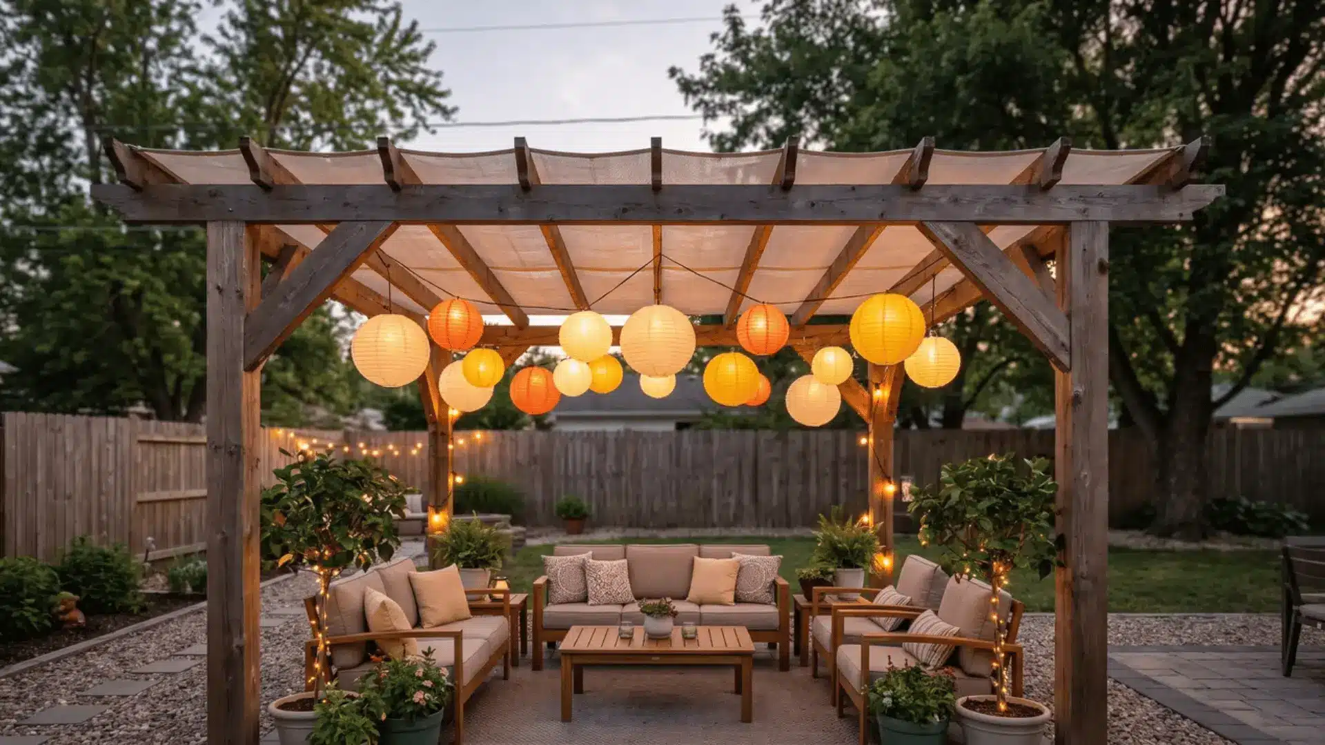 Paper lanterns hanging above a backyard seating area at night