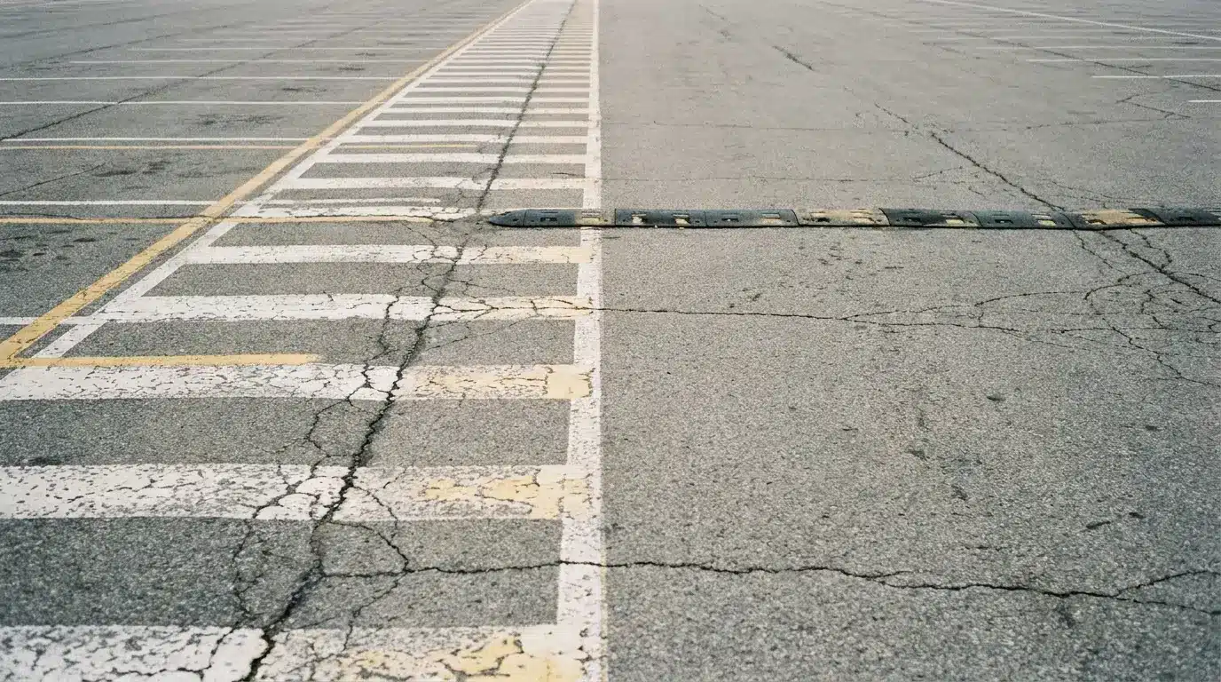 Empty parking lot with cracked asphalt and painted lines in overcast lighting