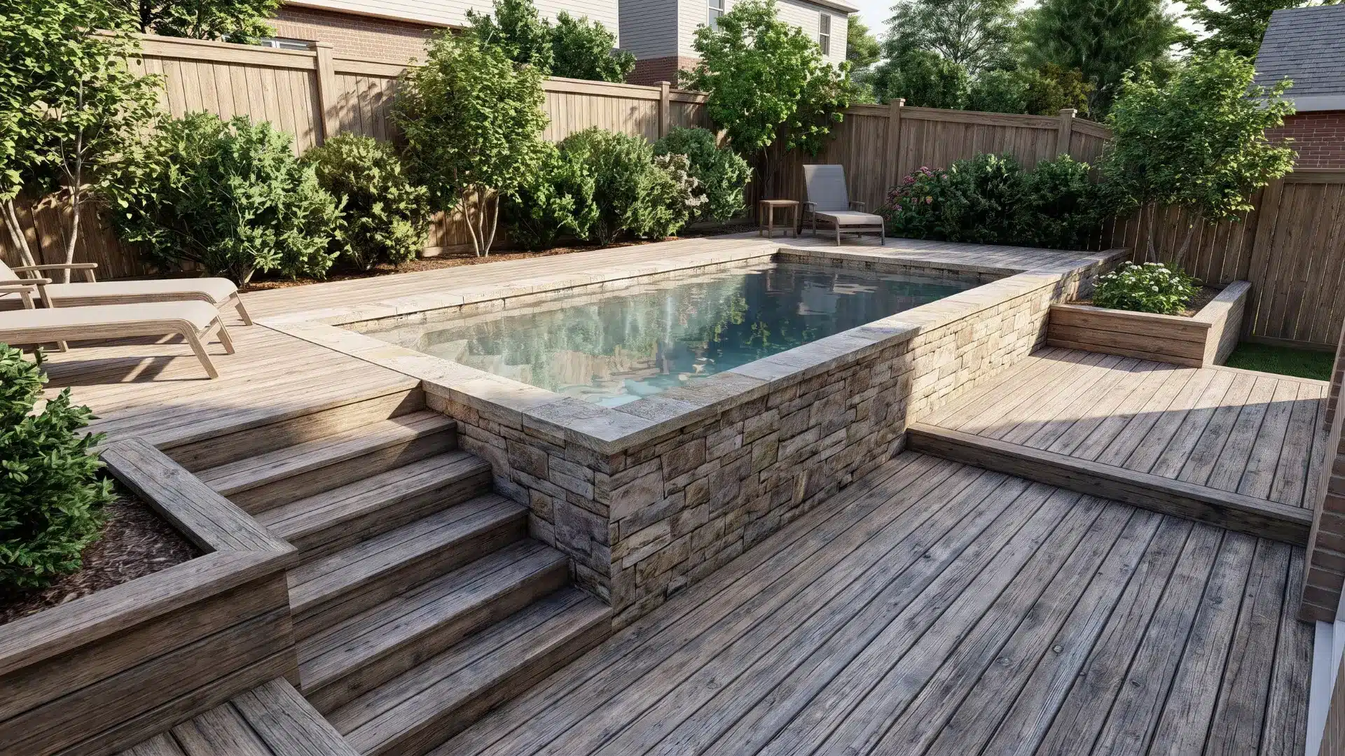 Partial-inground pool with raised wooden decking in a sloped backyard.