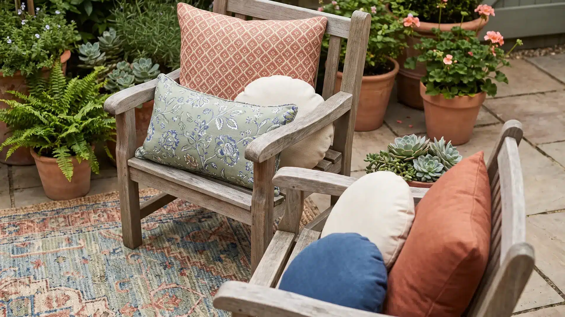 Patio chairs with mixed cushion sizes and patterns beside a rug and nearby plants