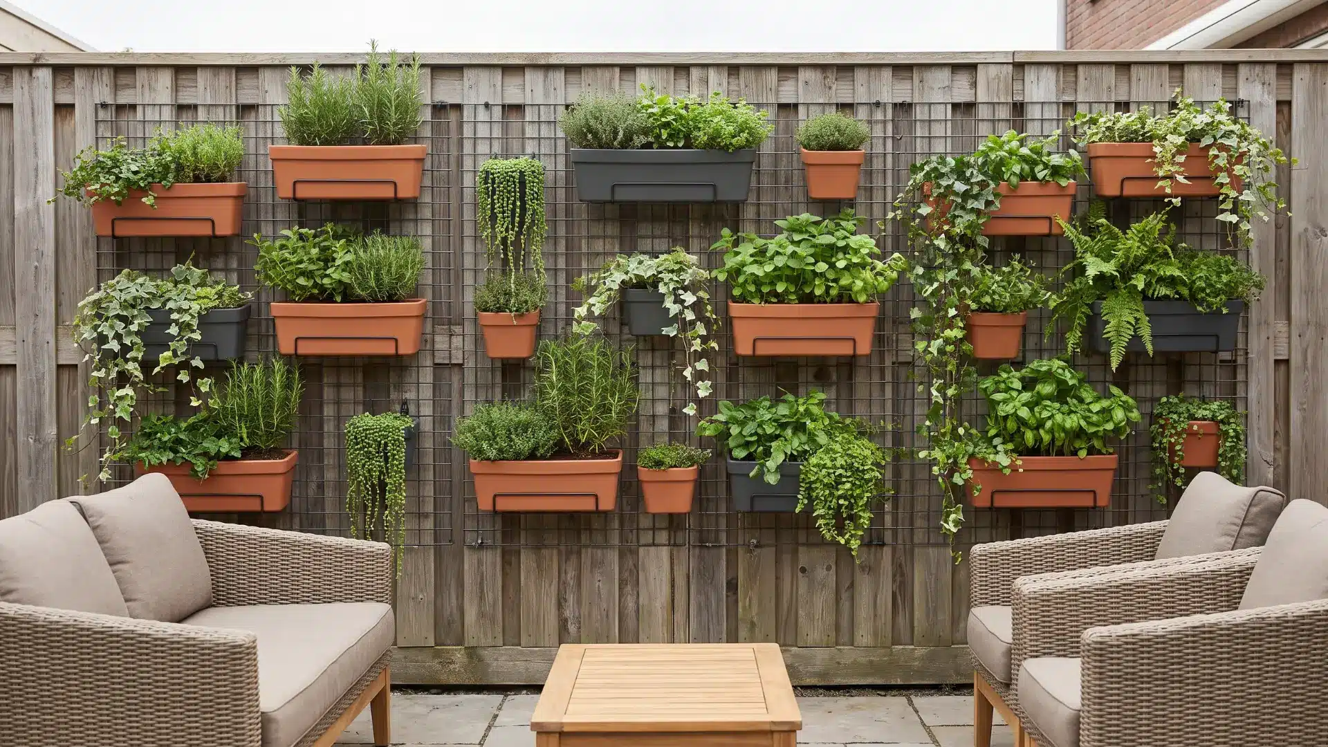 Patio fence with modular planters, mounted pots, herbs, and trailing plants arranged vertically