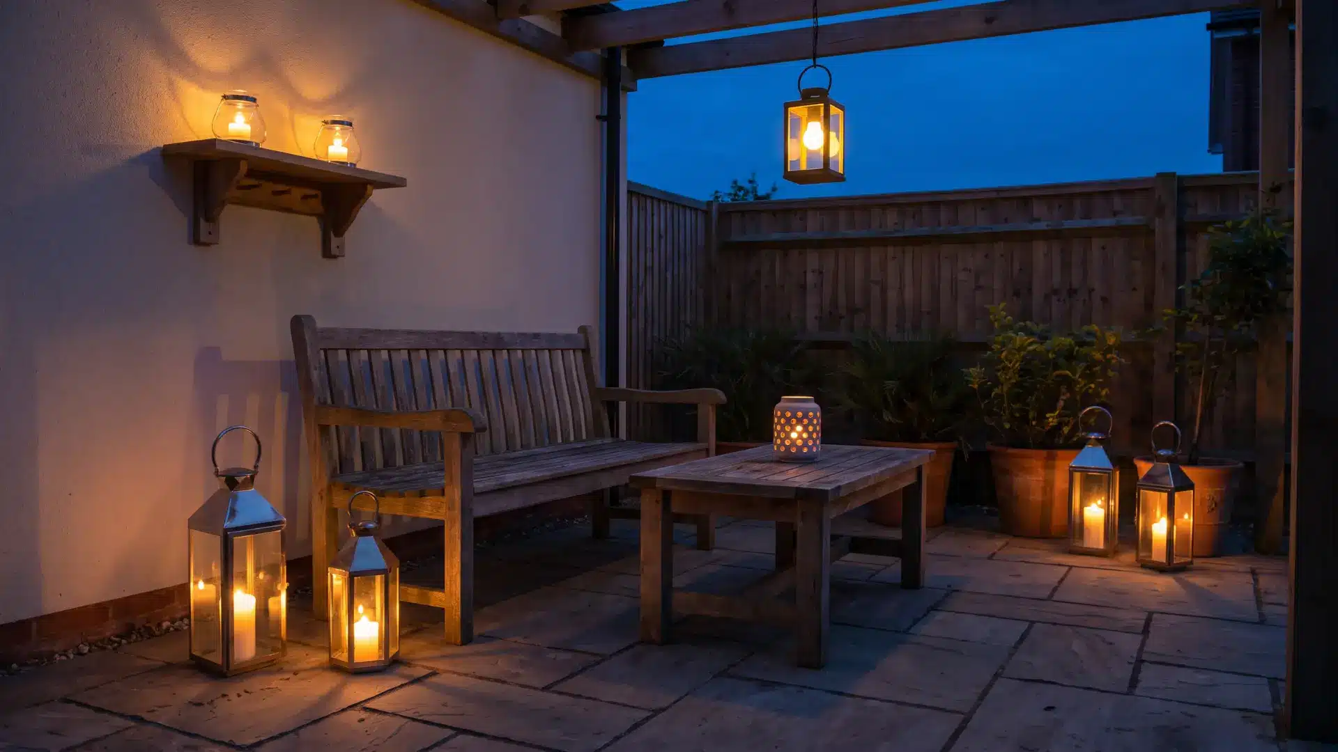 Patio lanterns placed on the ground, table, shelf, and hanging point at different heights