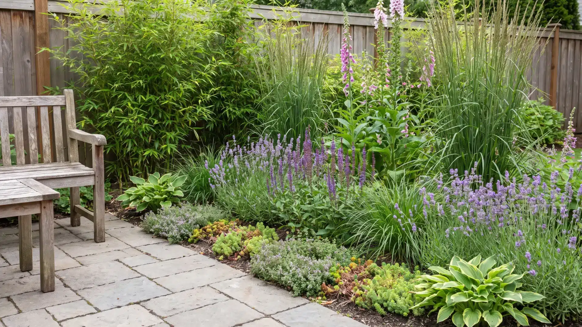 Patio plants arranged from low near the seating to medium and tall plants toward the back