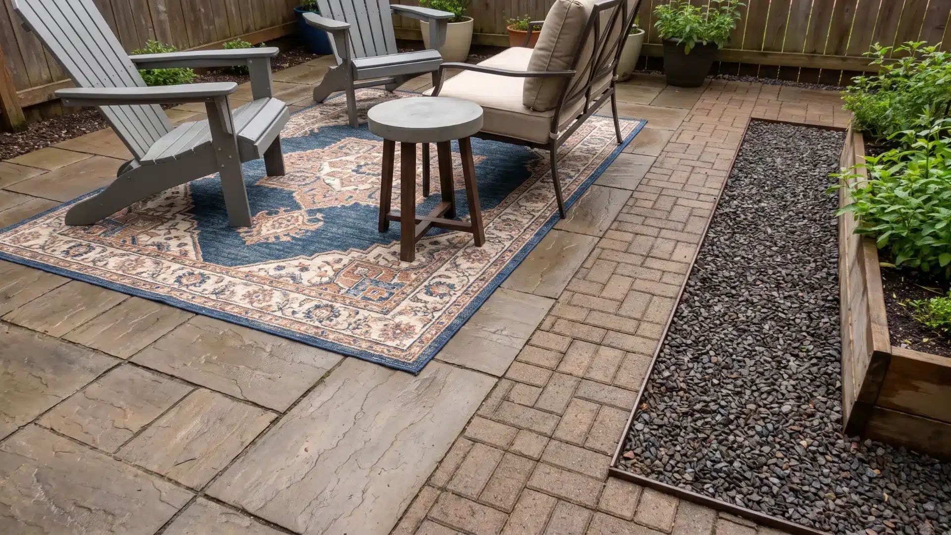 Patio seating zone defined by an outdoor rug, changing paver pattern, and narrow gravel strip