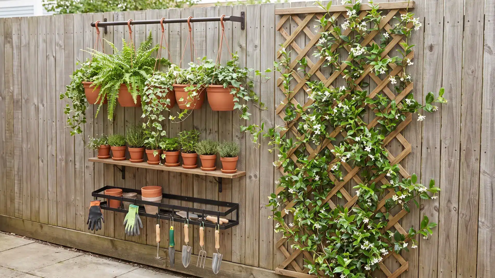 Patio wall with hanging planters, a slim pot shelf, trellis, and wall-mounted storage