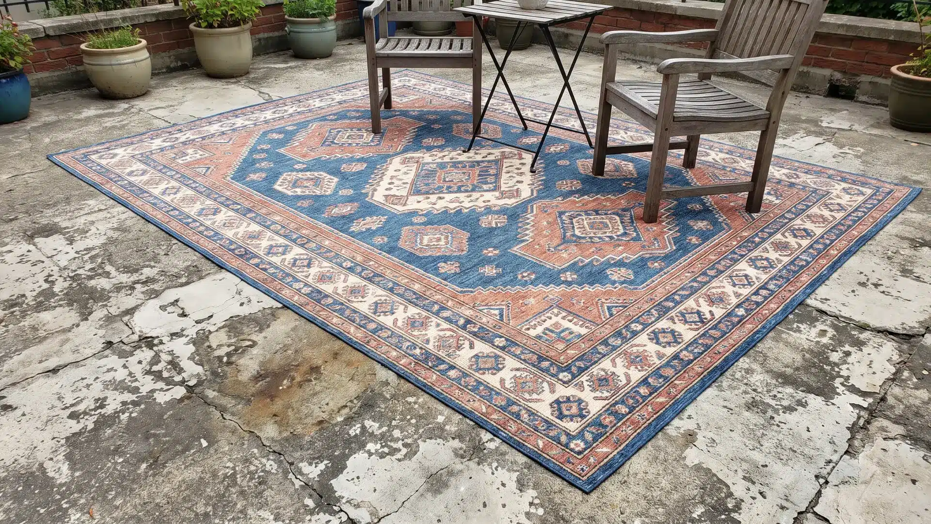 Patterned outdoor rug covering worn concrete beneath a compact patio seating area