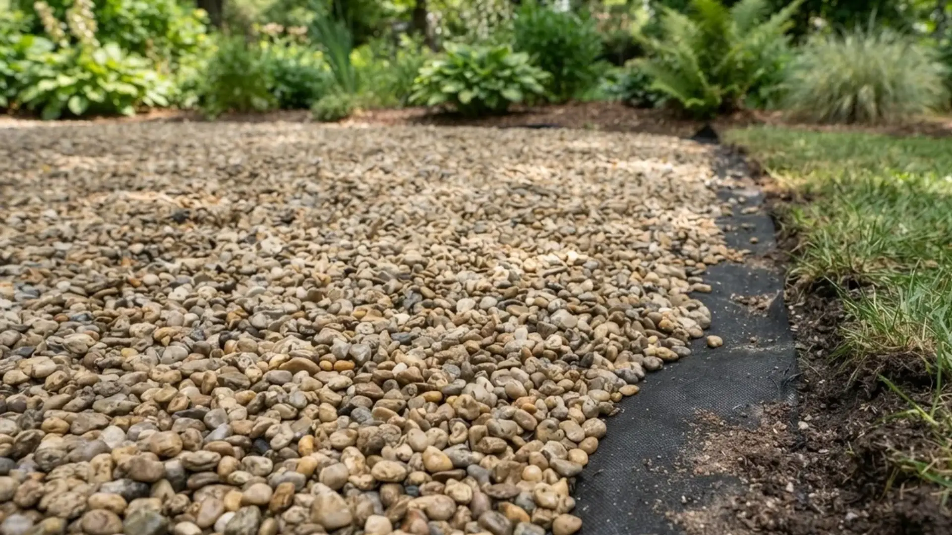 Pea gravel spread evenly over landscape fabric as the base layer of a rock garden bed