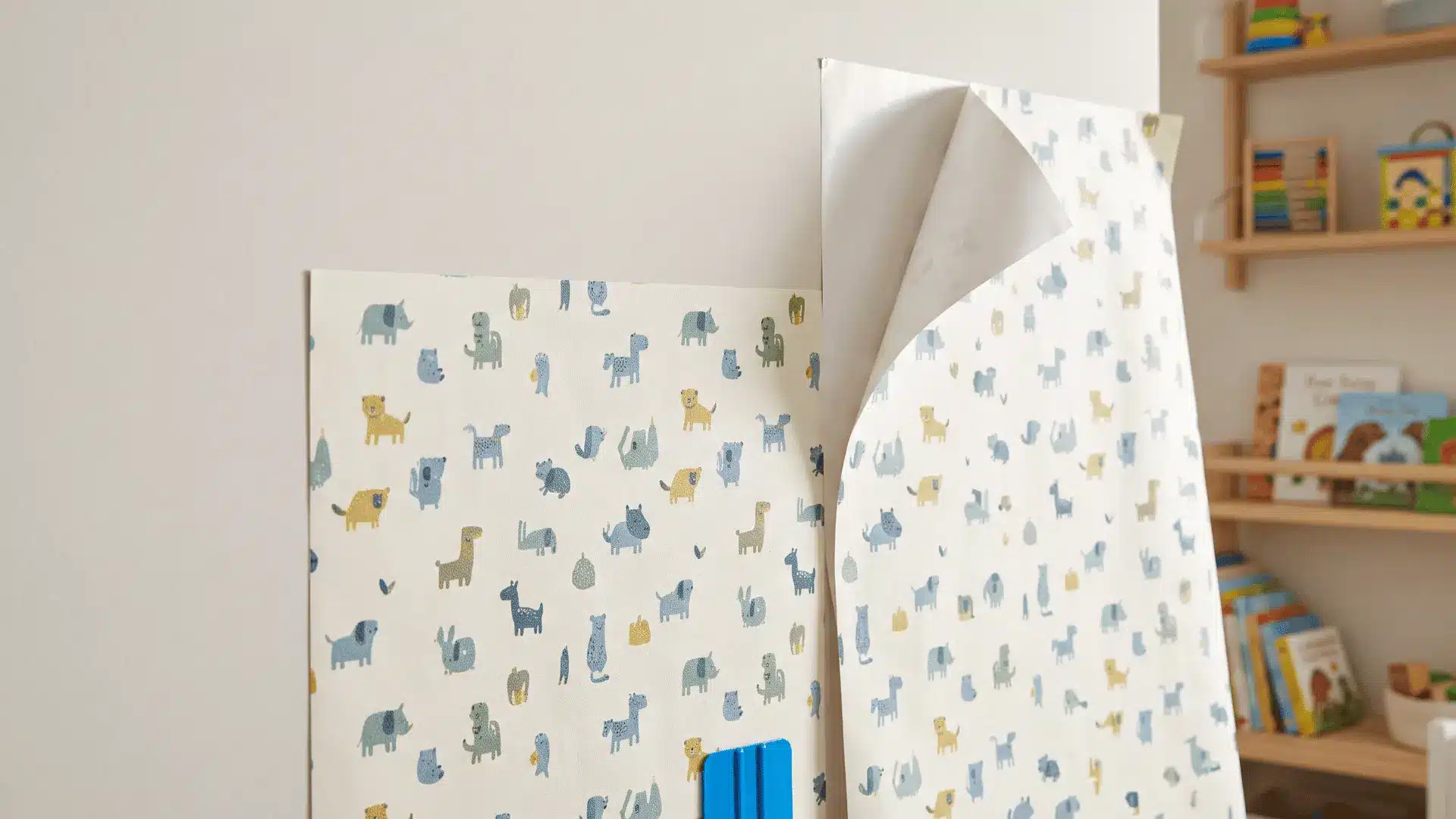 Peel-and-stick wallpaper partially applied to a clean, smooth playroom wall