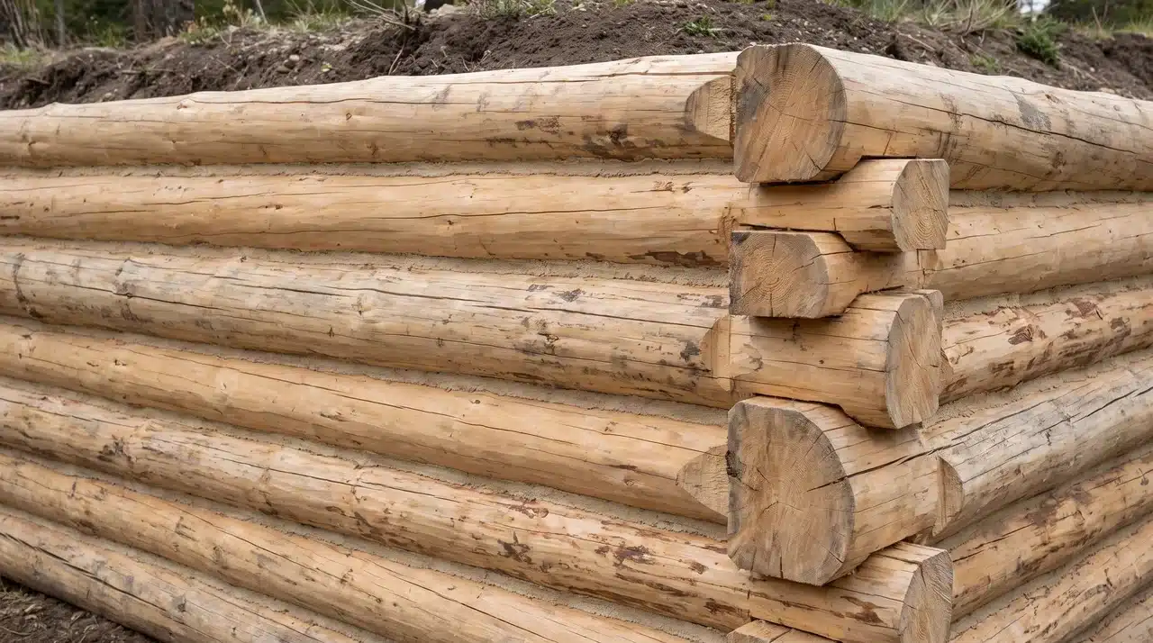 Peeled aspen logs stacked into a retaining wall with saddle-notched corners and chinked gaps.