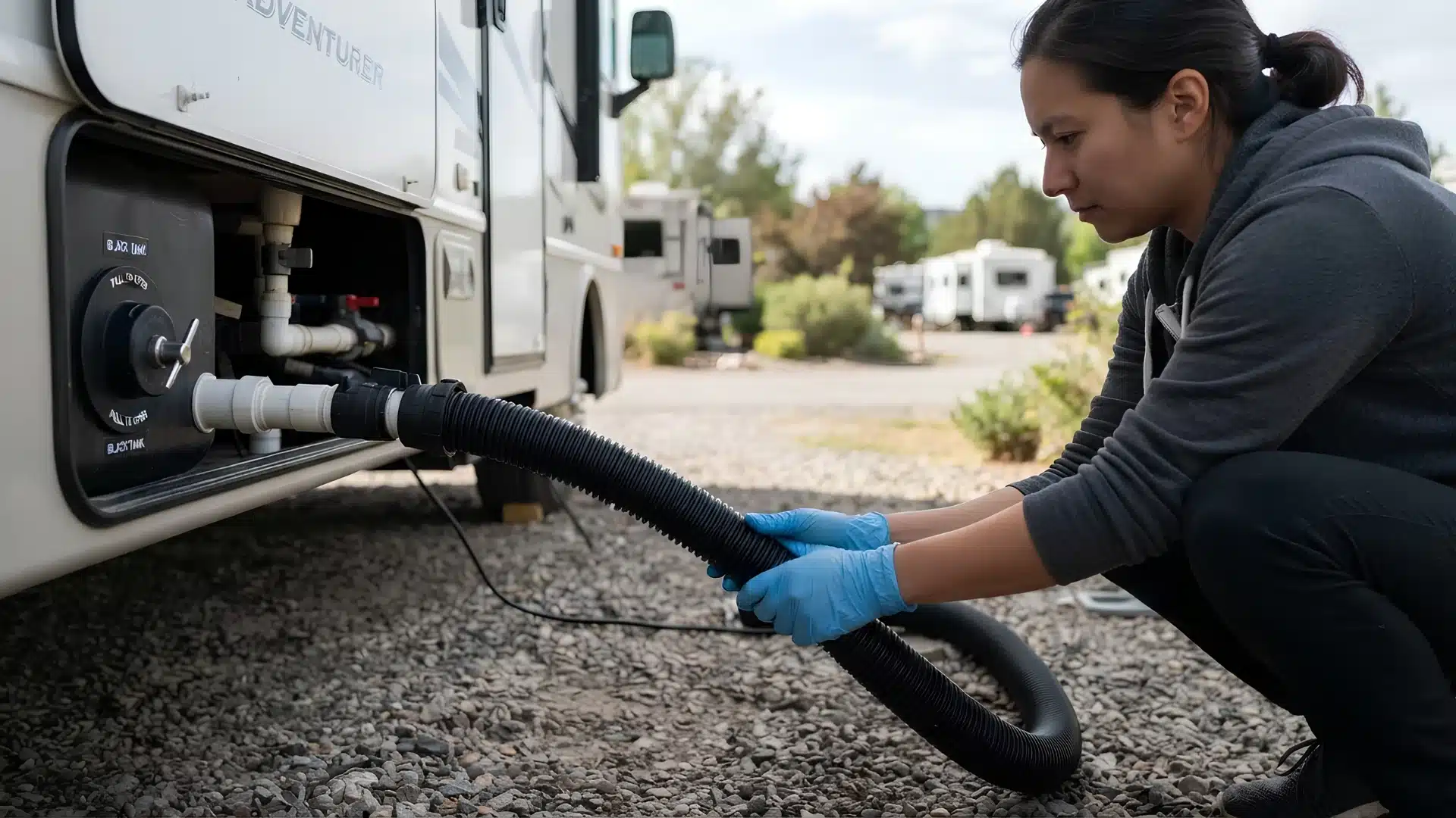 Person wearing blue gloves connecting a black flexible sewer hose to an RV waste outlet.