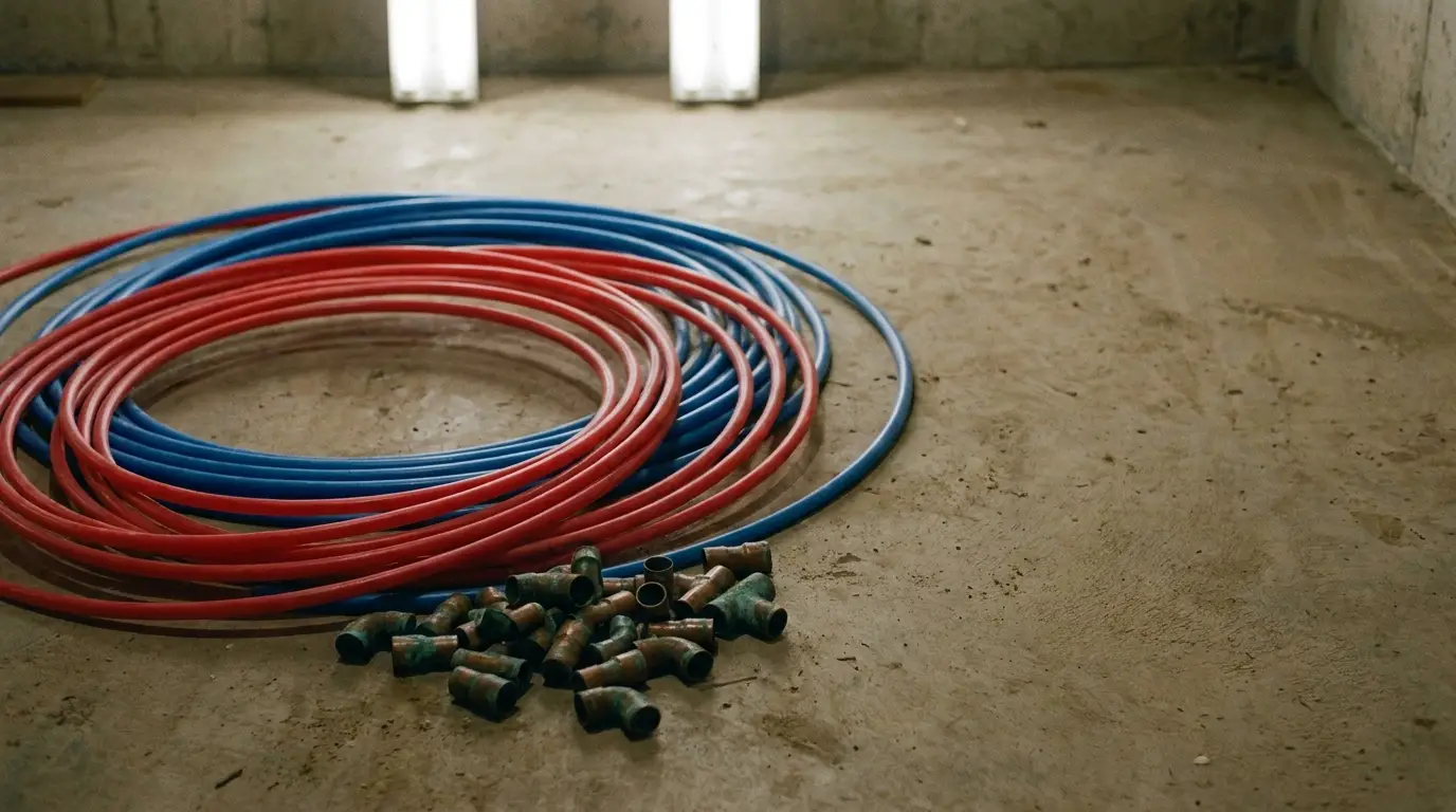 Coiled red and blue pipes with brass fittings on concrete floor in dimly lit room