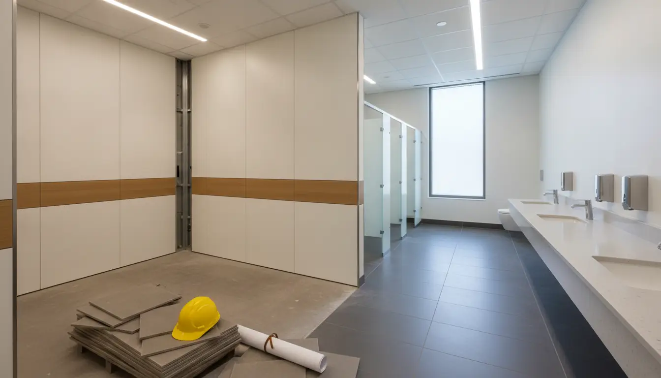 Construction site of a modern restroom with tiled floor and unfinished walls