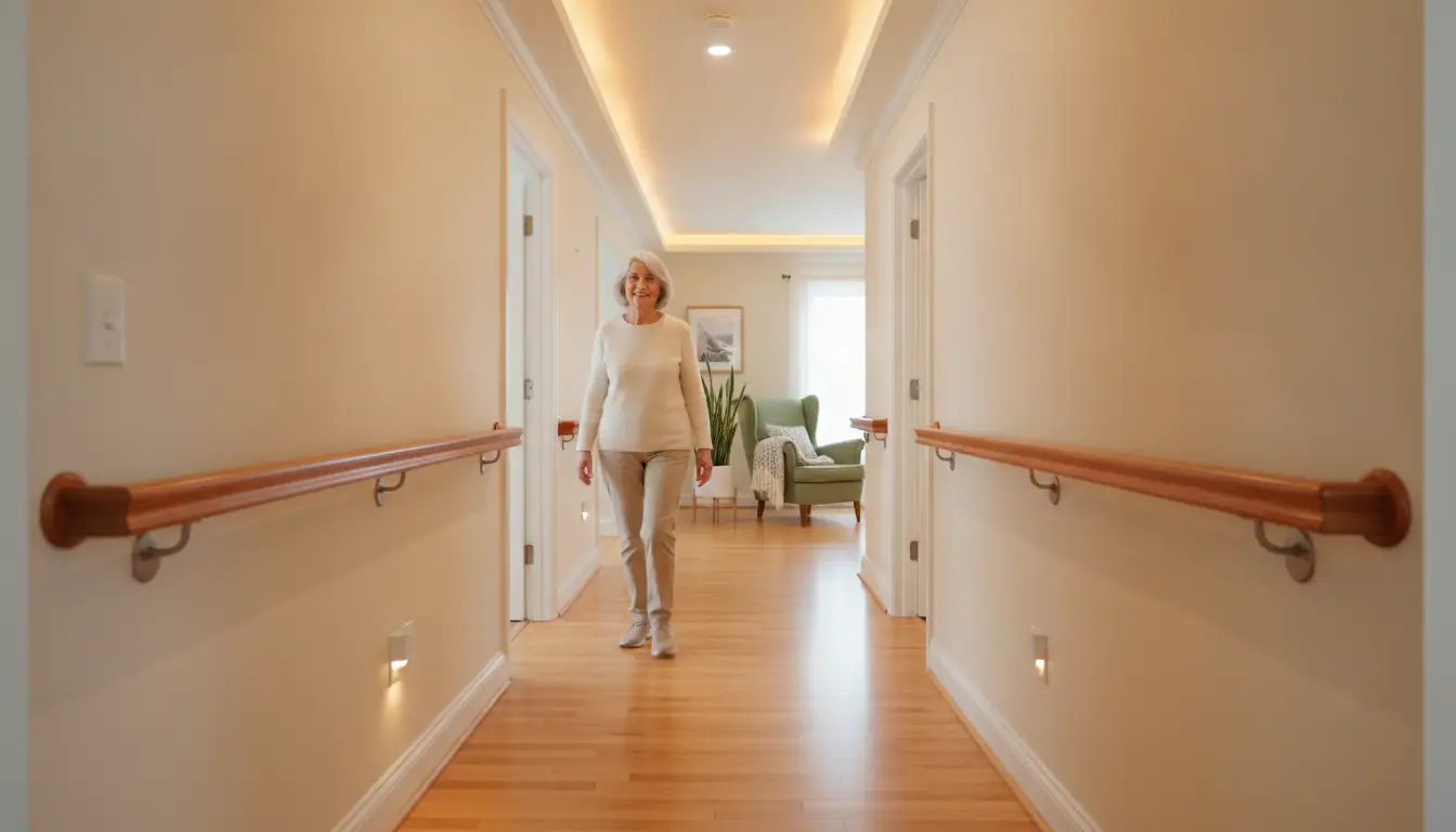 Elderly woman walking down bright hallway with wooden handrails and green armchair in background
