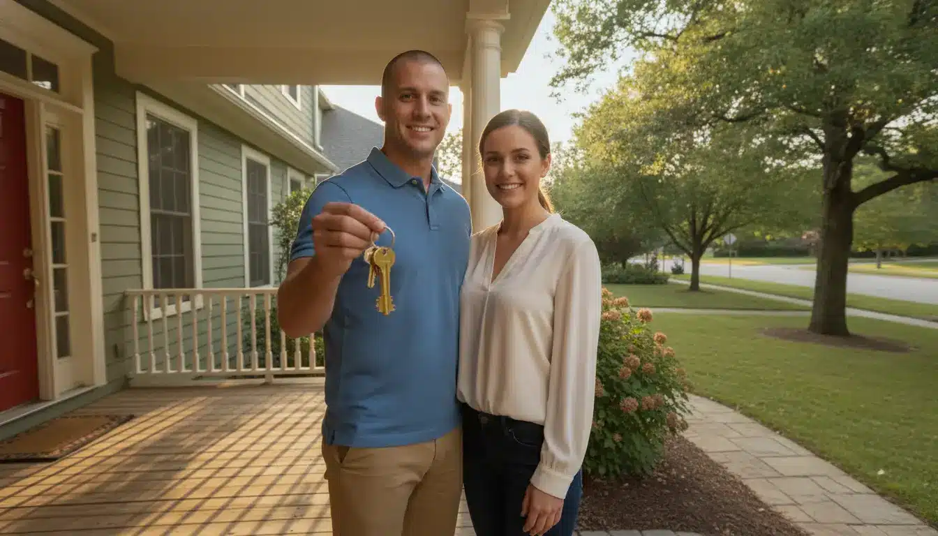 Couple holding house keys standing on porch of suburban home with lush garden