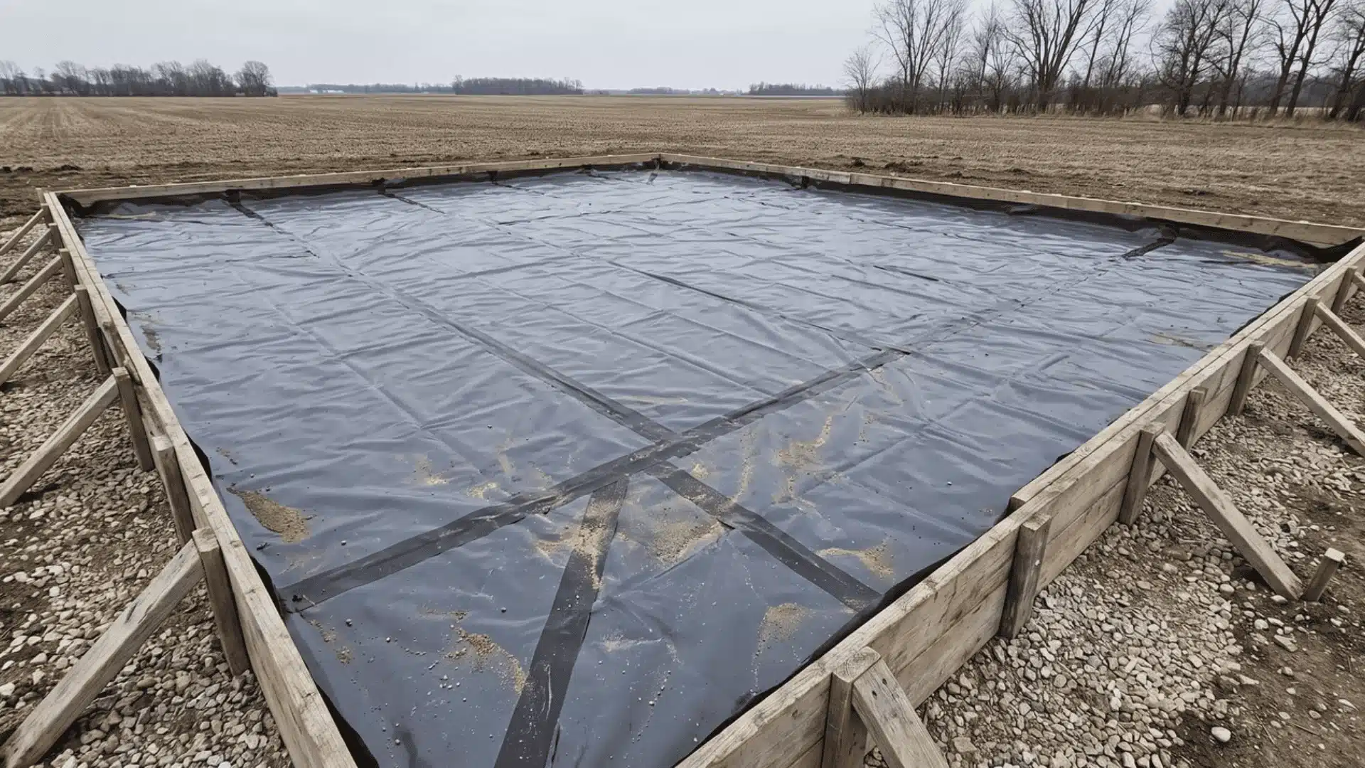 plastic vapor barrier sheeting with taped seams laid over a gravel subbase