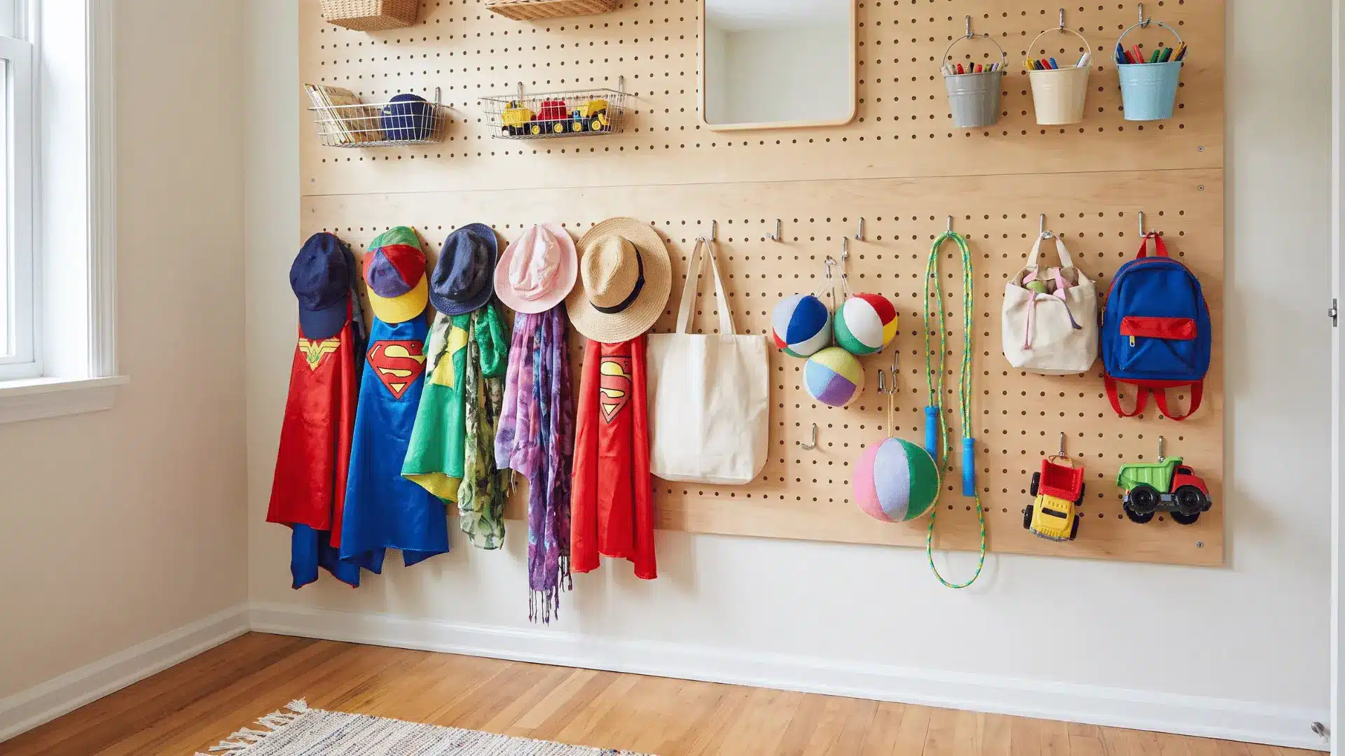 Playroom pegboard holding dress-up clothes, bags, and lightweight toys above an open floor