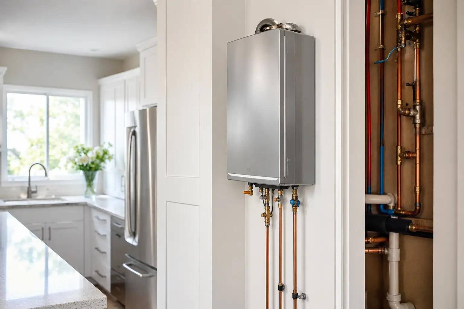 Tankless water heater with exposed pipes in modern white kitchen setting