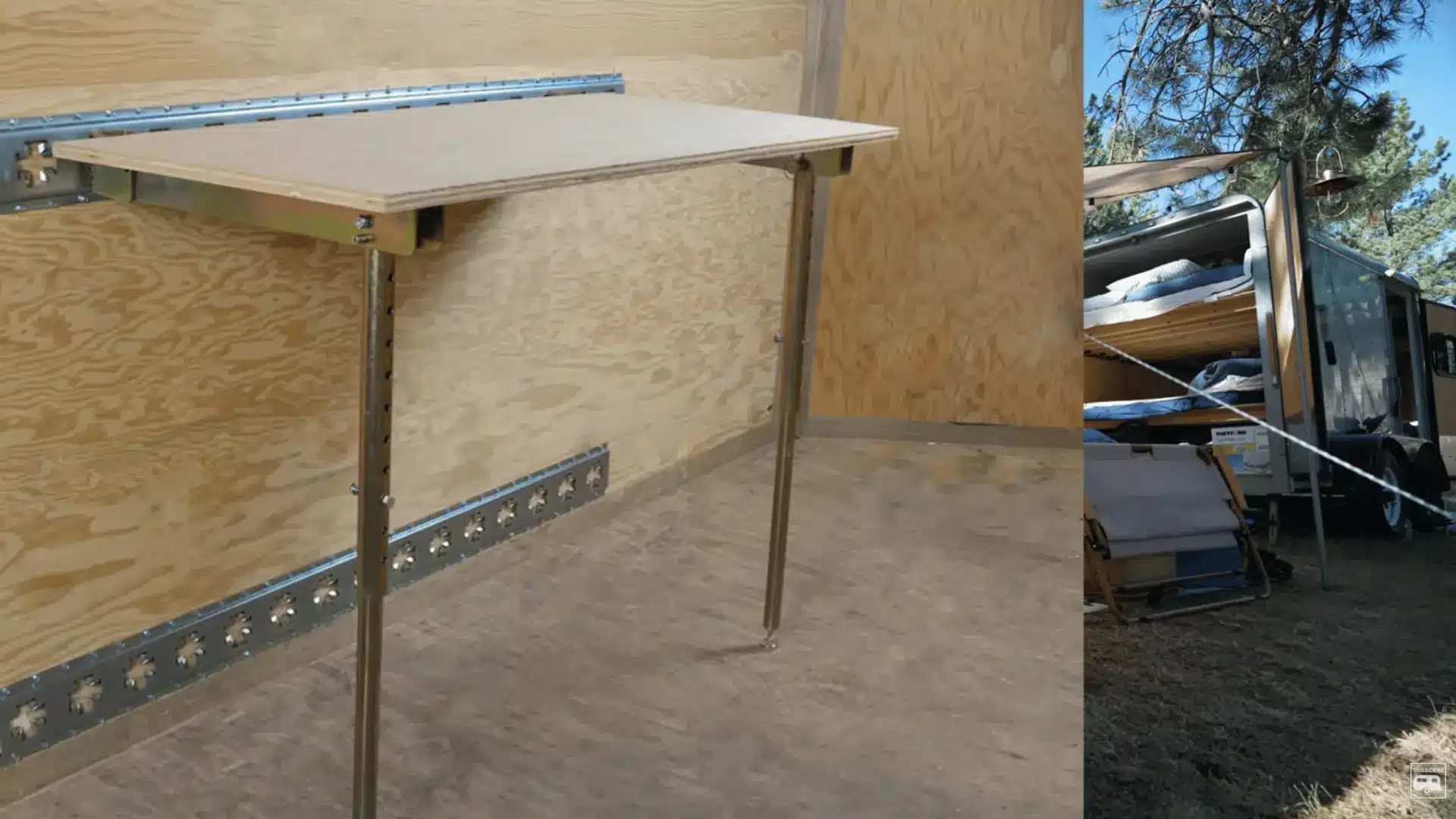 Plywood storage shelf attached to E-track rails inside a cargo trailer camper.